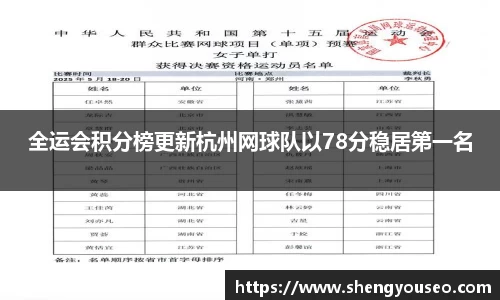 全运会积分榜更新杭州网球队以78分稳居第一名